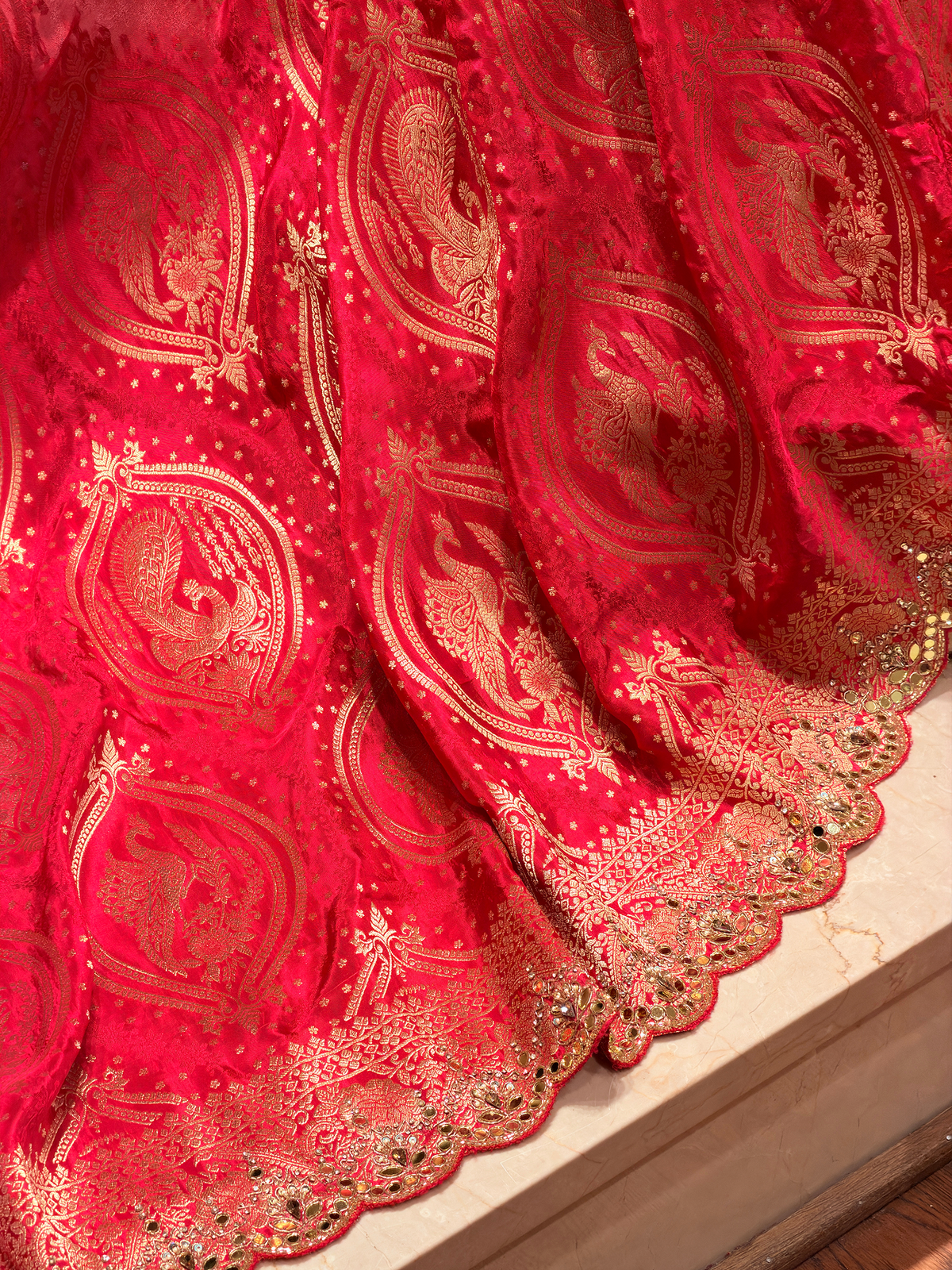 Regal Red Dola Silk Saree with Peacock Zari Weave & Khatli Mirror Work