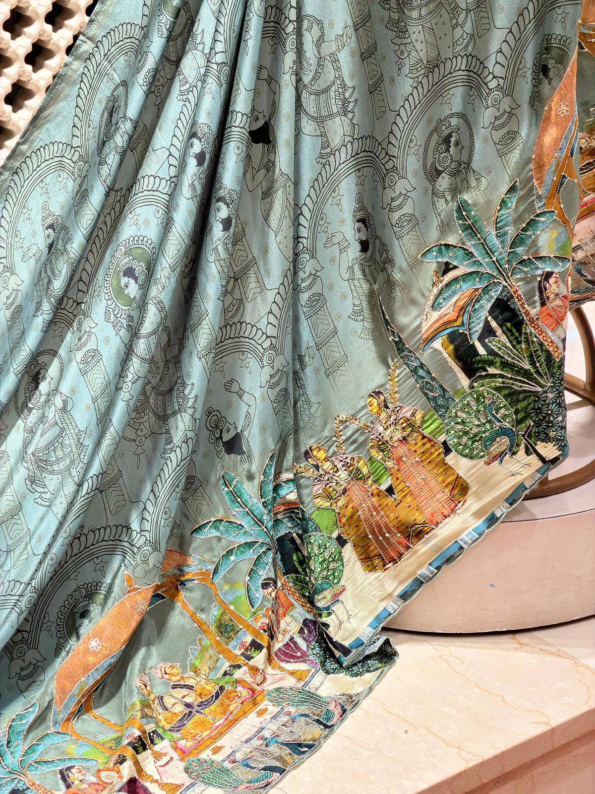 Artwork Teal Green Saree in Bemberg Crepe Fabric with Temple Arch Print & Hand Embroidery