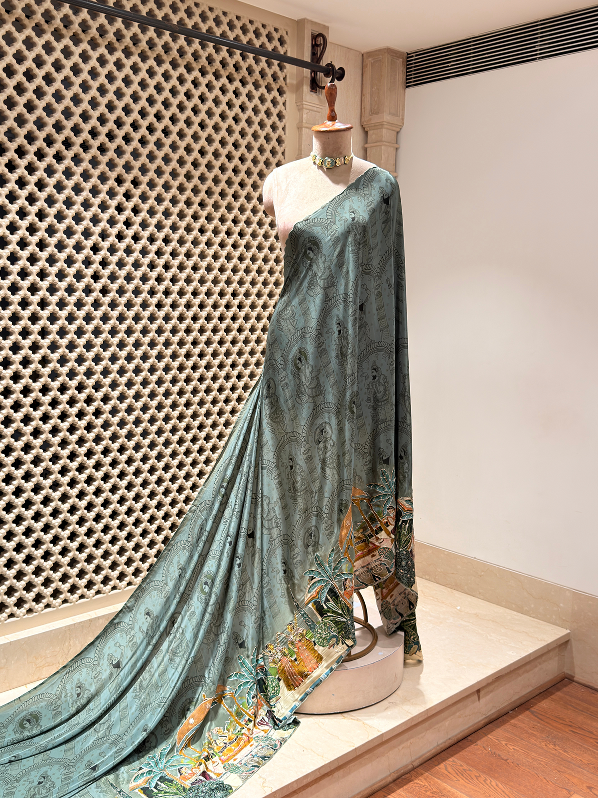 Artwork Teal Green Saree in Bemberg Crepe Fabric with Temple Arch Print & Hand Embroidery